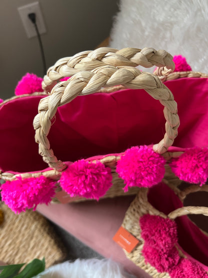 Bag de palha pompom pink grande