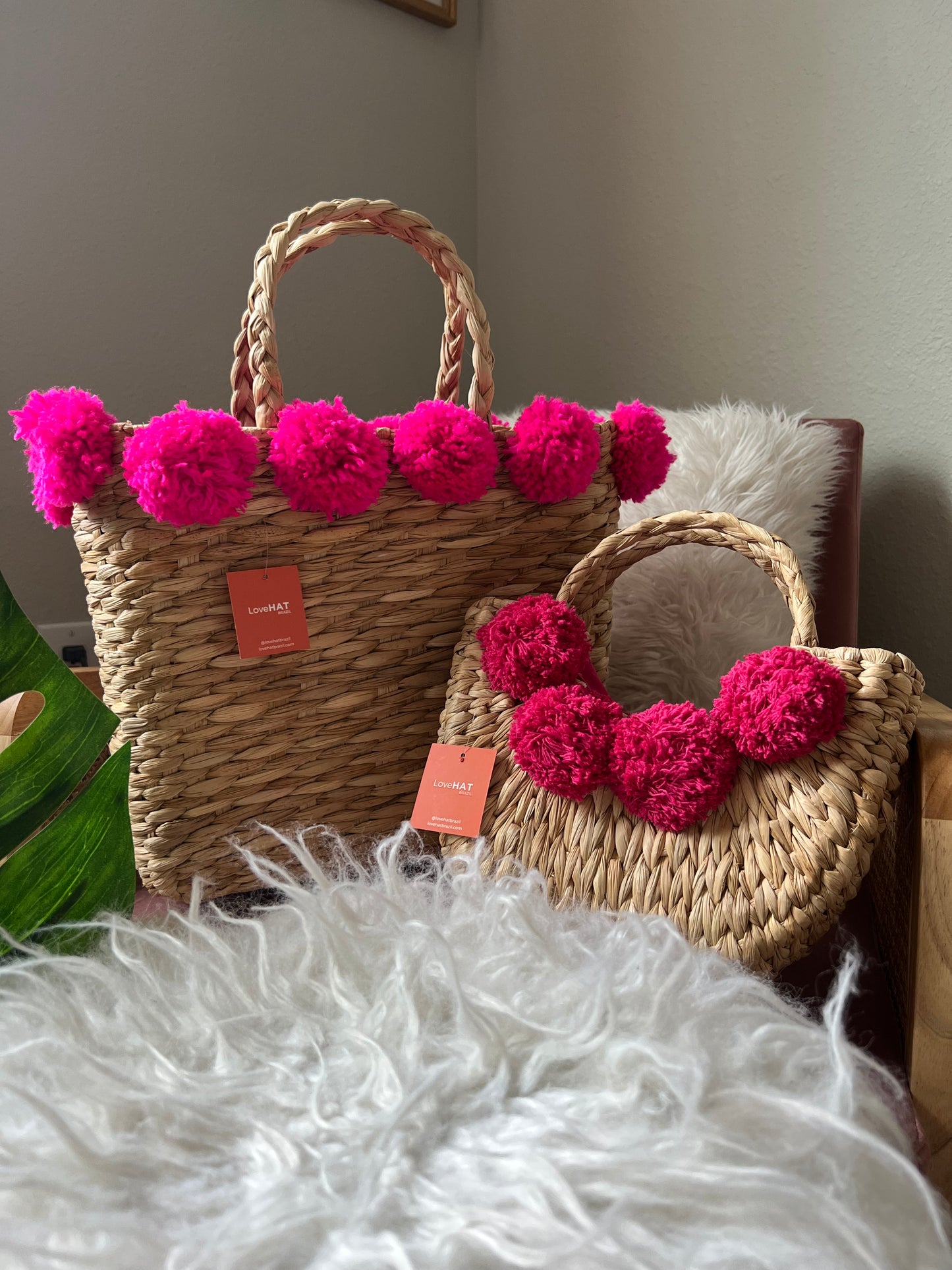 Bag de palha pompom pink grande